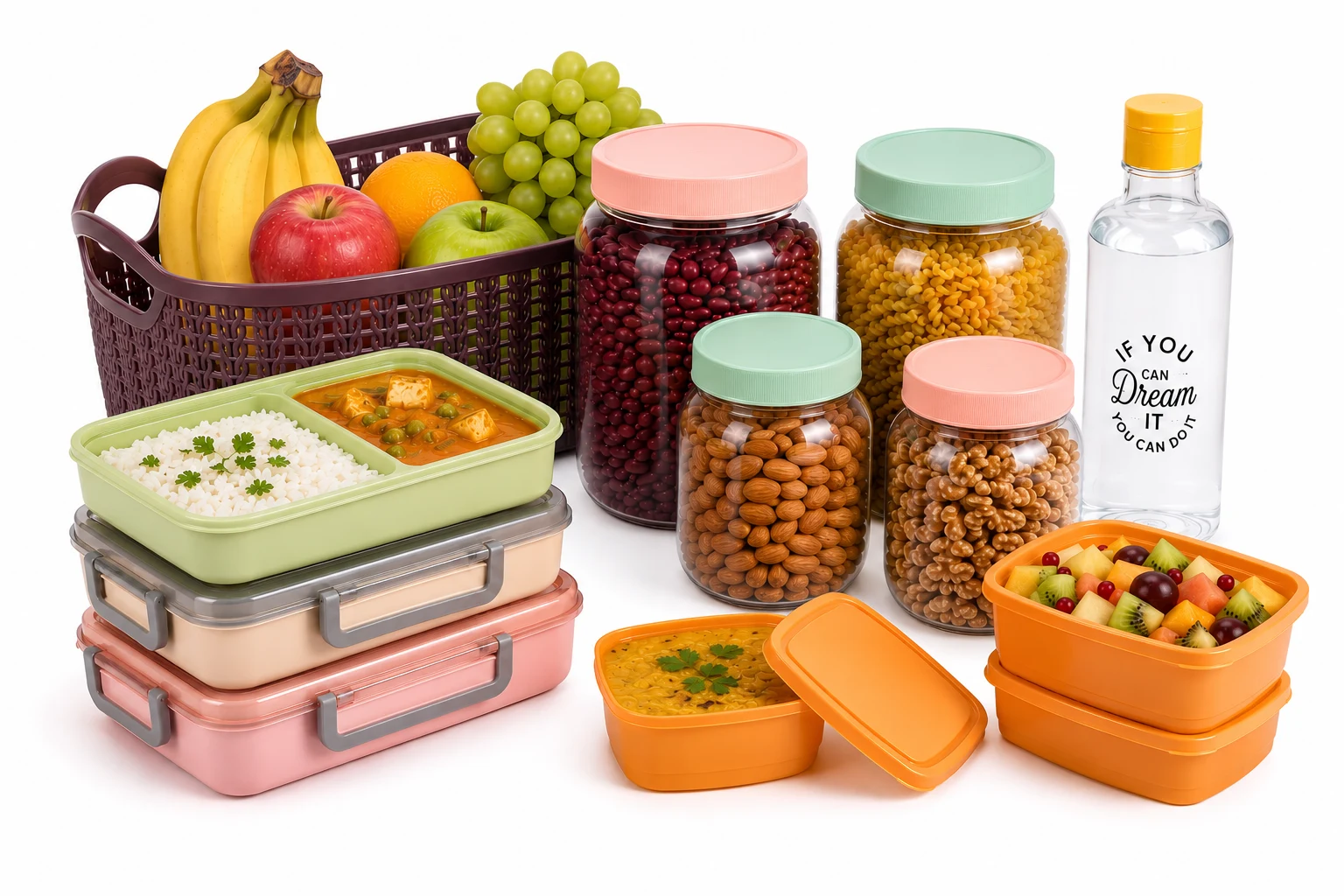 The Apnaware range: storage jars, food containers, lunch boxes, a storage basket and a fridge bottle