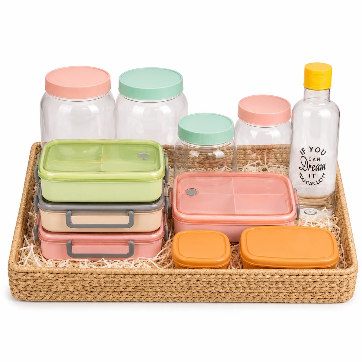 Apnaware corporate welcome kit hamper with jars, lunch boxes and a bottle in a woven tray